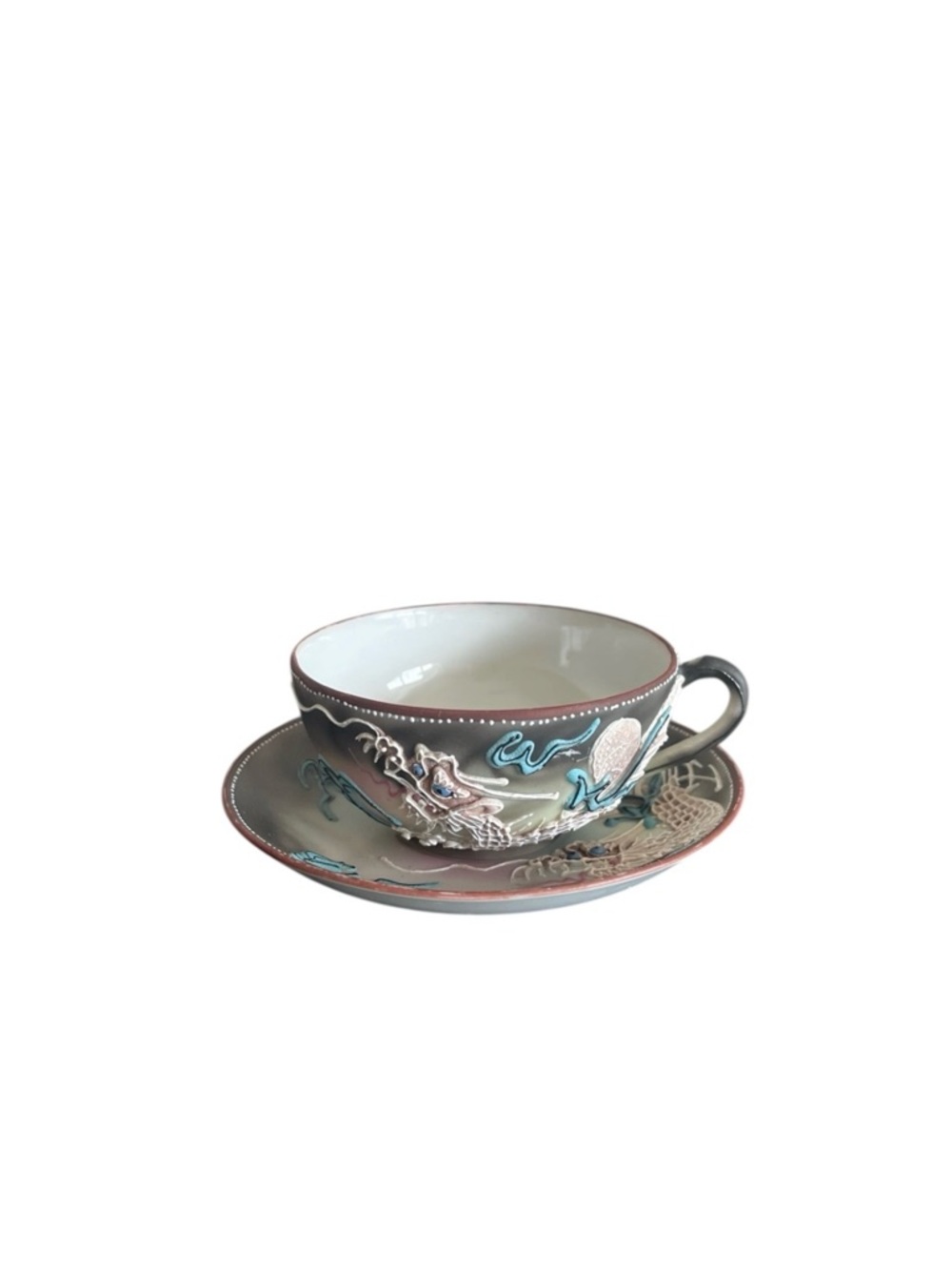 Vintage Japanese Dragonware Moriage Teacup Saucer Set Handpainted Dragon 1950s